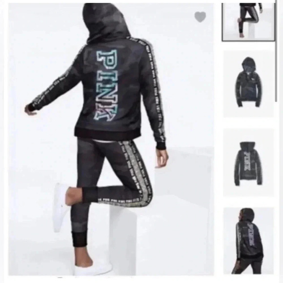 PINK VS CAMO BLING HOODIE/JOGGERS OUTFIT SET XS - Picture 3 of 10